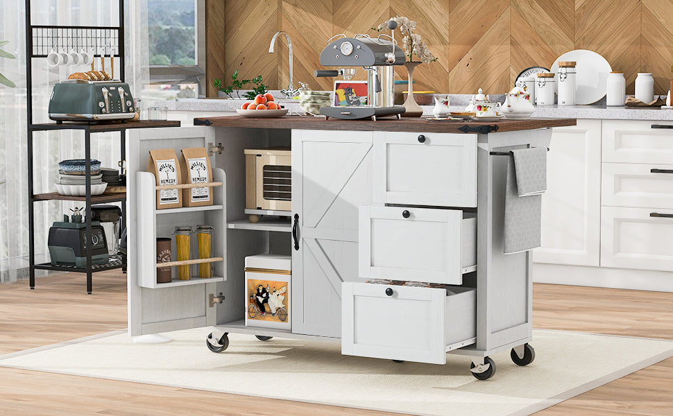 K&K 54.5" Farmhouse Kitchen Island with Power Outlet, Kitchen Storage Islandwith Internal Storage Rack, Drop Leaf, Spice Rack, Rolling Kitchen Cart on Wheels, for Home, Kitchen and Dining Room,White N707P170349W-djyc