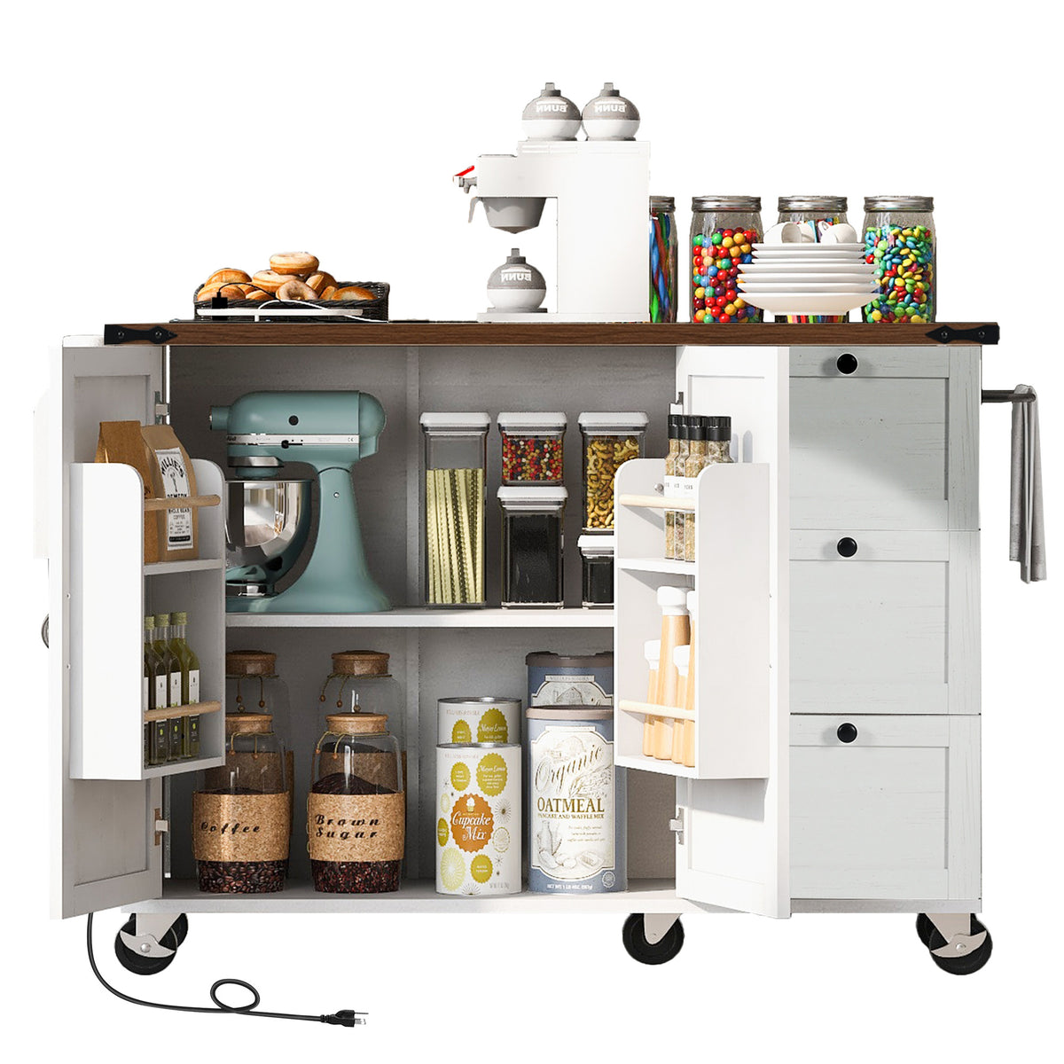 K&K 54.5" Farmhouse Kitchen Island with Power Outlet, Kitchen Storage Islandwith Internal Storage Rack, Drop Leaf, Spice Rack, Rolling Kitchen Cart on Wheels, for Home, Kitchen and Dining Room,White N707P170349W-djyc