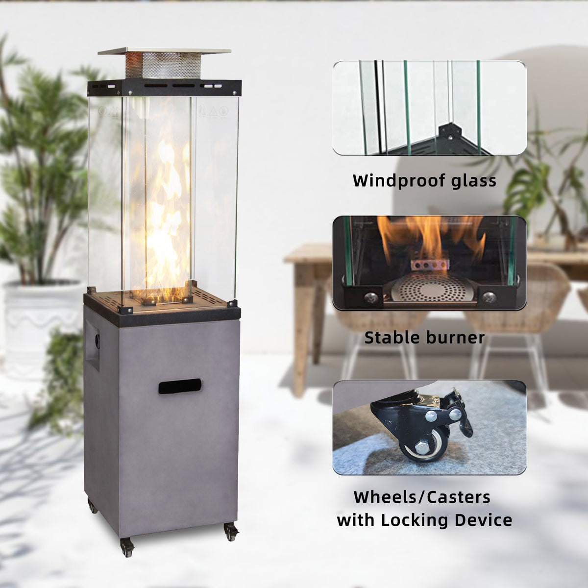 16 Inch x 61 Inch Height Outdoor Propane Gas Fire Heater With Tempered Glass W2029120098-djyc