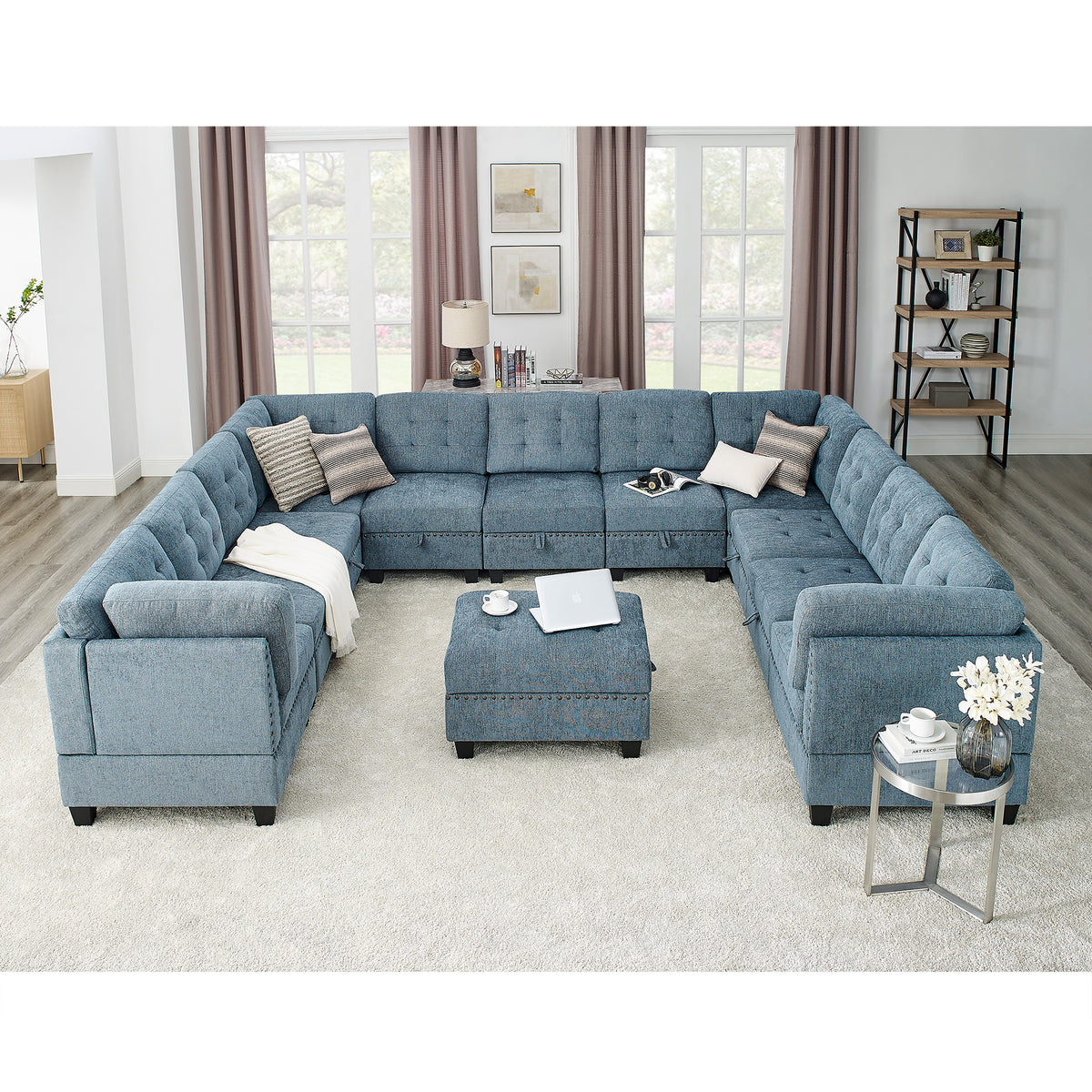 U shape Modular Sectional Sofa,DIY Combination,includes Seven Single Chair, Four Corner and One Ottoman,Navy Blue W487S00193-djyc