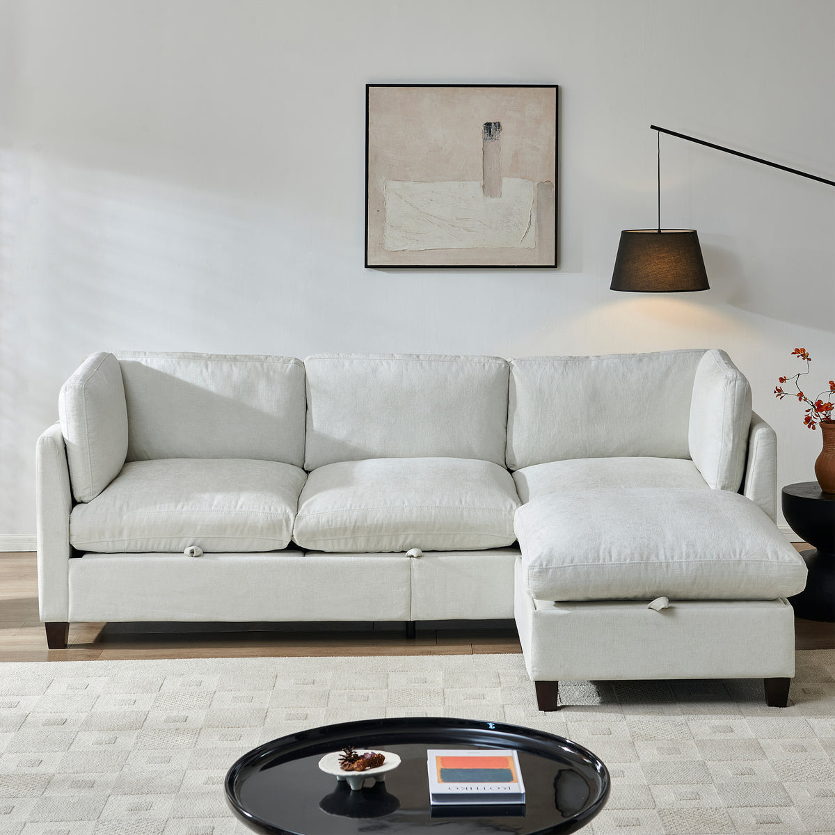 96.5'Sectional Couch for Living room, Upholstered Soft Chenille Fabric Sofa, 3-Seater with One Ottoman L Shape Sofa Beige-W1097S00279