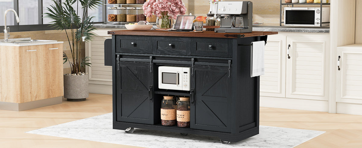 K&K 53.7" Farmhouse Kitchen Island with Power Outlet, 2 Sliding Barn Door Kitchen Storage Island with Drop Leaf, Spice Rack Rolling Kitchen Cart on Wheels, for Home, Kitchen and Dining Room, Black N707P170347B-djyc