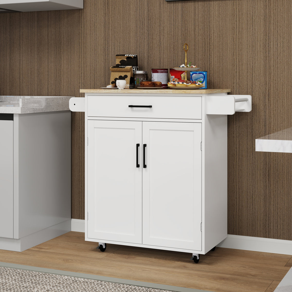 Kitchen island rolling trolley cart with 1 drawer & 2 doors with storage racks & Adjustable Shelves & towel rack & seasoning rack rubber wood table top-White W282P163314-djyc