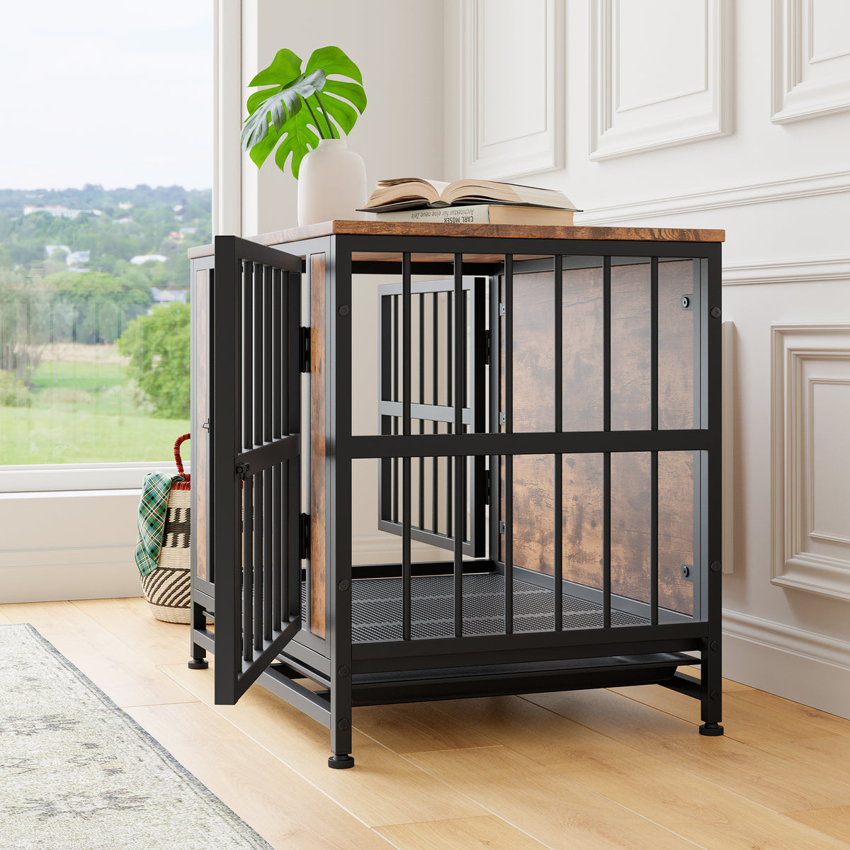 Dog Crate Furniture,Wooden Dog Crate Table, 27.48" Dog Kennel with 2 Sliding Doors and Thick Iron Door Frame, Decorative Pet Crate House for Small Dog Indoor Use(Rustic Brown) W840P203065-djyc