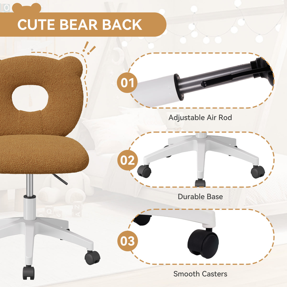 Adjustable Height Office Chair: Soft Teddy Fabric & 360-Degree Swivel FU01087-wz