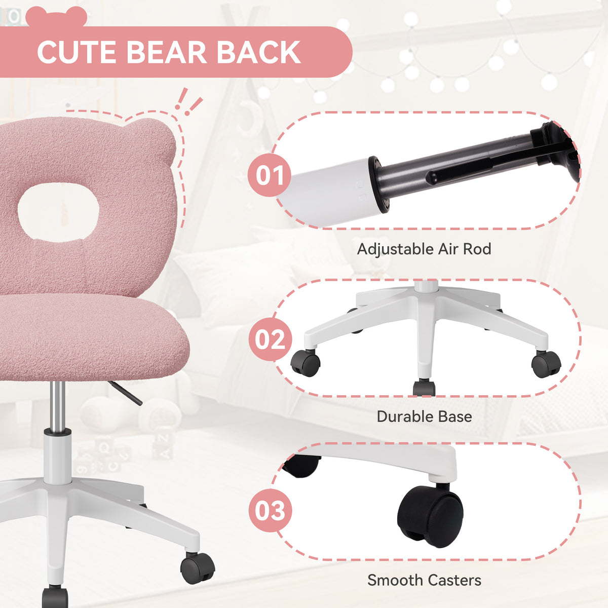 Adjustable Height Office Chair: Soft Teddy Fabric & 360-Degree Swivel FU01087-wz