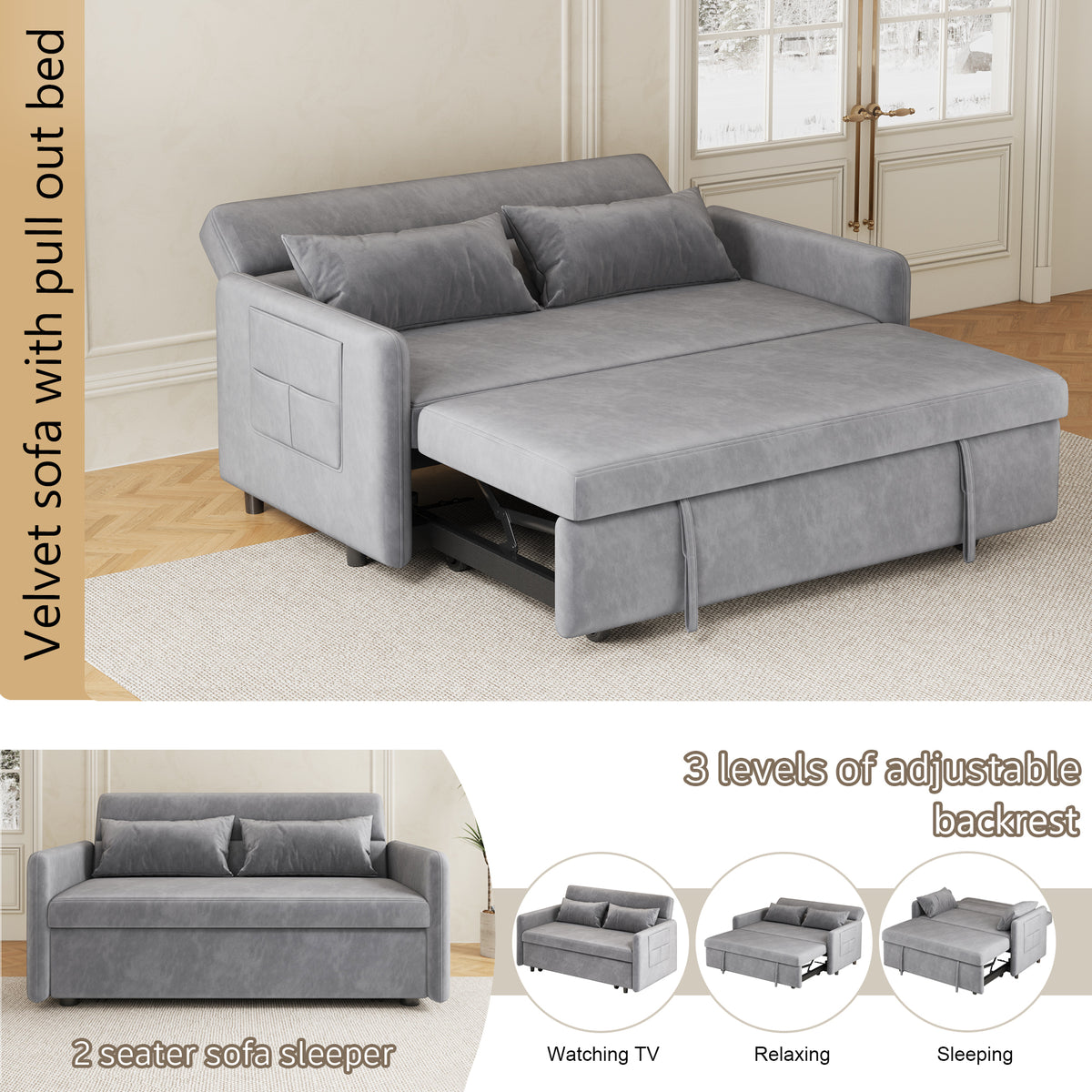 Sofa Pull Out Bed Included Two Pillows 54" Grey Velvet Sofa for Small Spaces W1278125091-djyc