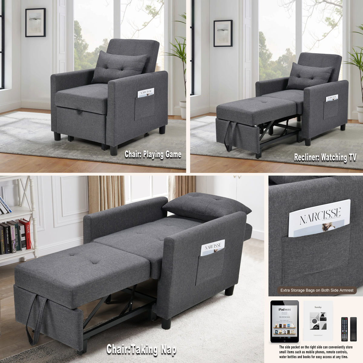 3-in-1 Convertible Futon Sofa Bed with Adjustable Backrest, Single Sofa Bed with Pull Out Sleeper, Convertible Futon Chair for Living Room, Side Bag and 1 Lumbar Pillow,Dark Gray W1998121160-djyc