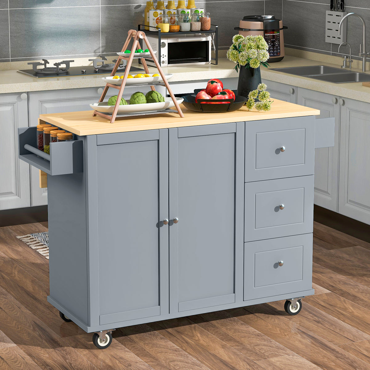 Rolling Mobile Kitchen Island with Solid Wood Top and Locking Wheels,52.7 Inch Width,Storage Cabinet and Drop Leaf Breakfast Bar,Spice Rack, Towel Rack & Drawer (Grey Blue) WF287035AAG-djyc