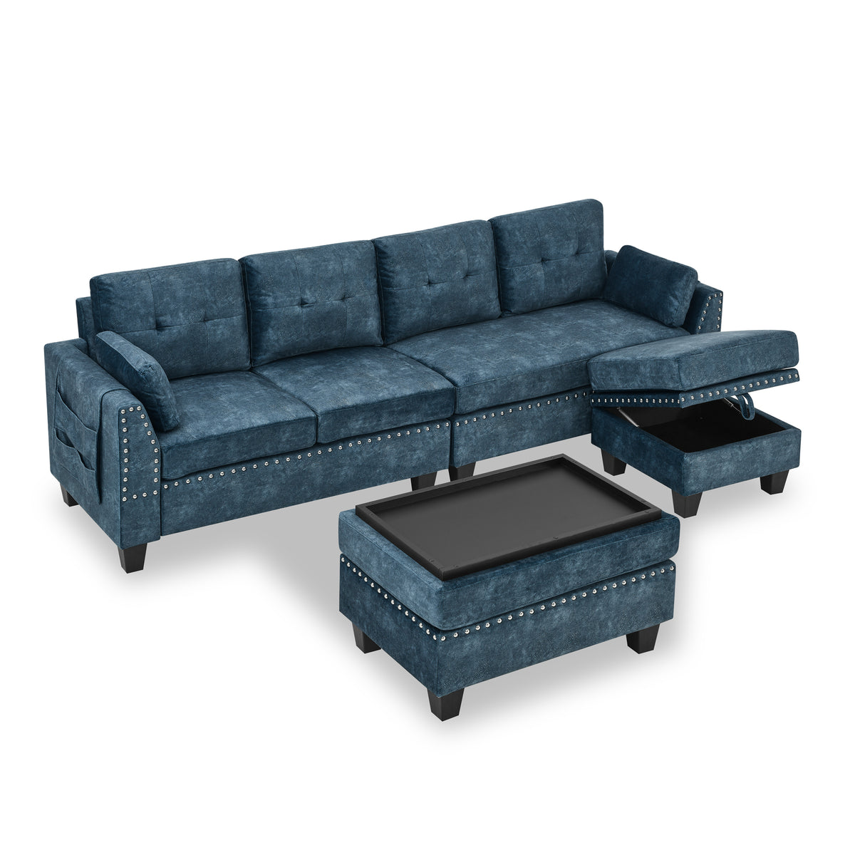 Sectional 3-Seaters Sofa ,Double-sided multi-functional footstool, storage mat , Non-slip leg, two pillows, Velvet,Navy blue W487S00239-djyc