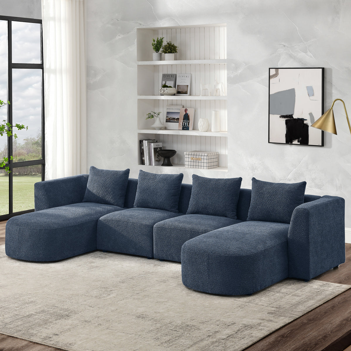 U Shape Sectional Sofa including Two Single Seats and Two Chaises, Modular Sofa, DIY Combination, Loop Yarn Fabric, Navy W487S00162-djyc