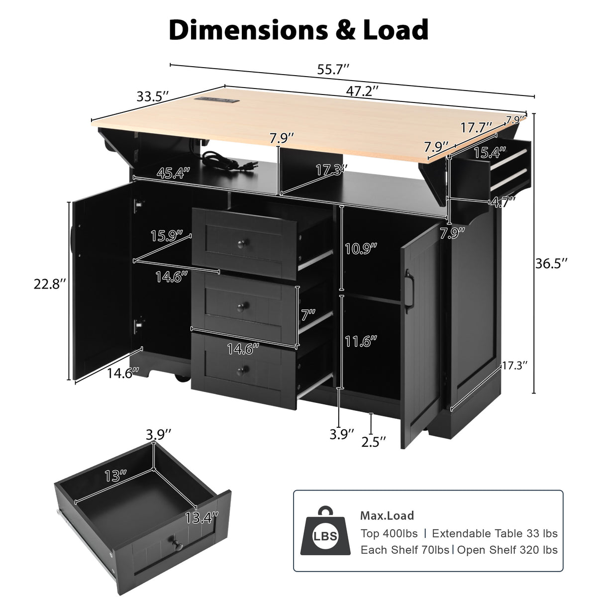 K&K 55.7'' Large Kitchen Island with 2 Drop Leaf,, Rolling Kitchen Cart on 5 Wheels with Power Outlet, Folding Storage Dining Table with Spice & Towel Rack , 3 Drawers, for Kitchen, Dining Room,Black N707P186617B-djyc