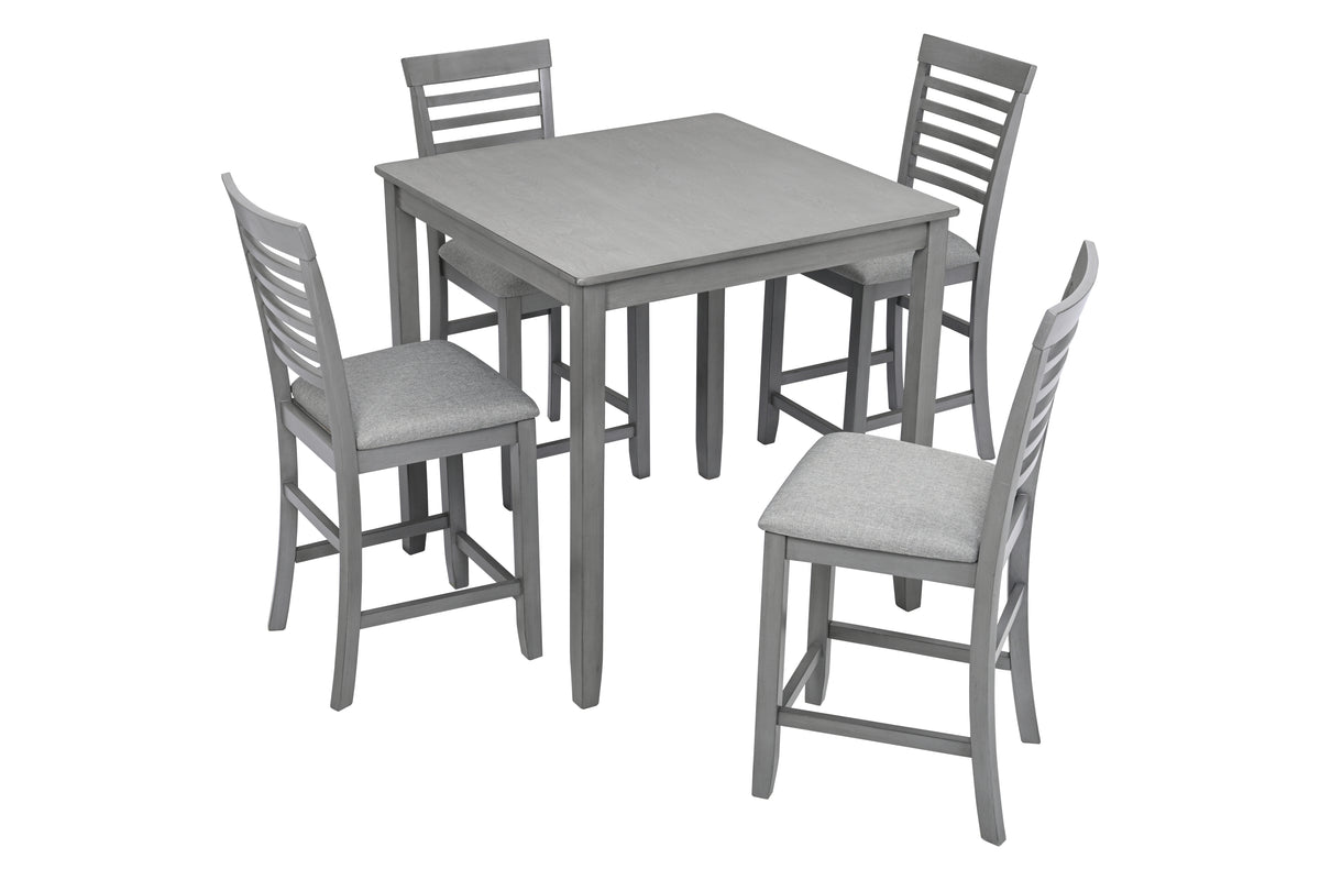 5 Piece Dining Table Set, Wooden Dining Square Table Set for 4, Counter Height Kitchen Table Set with Square Table and 4 Upholstered Chairs for Small Space, Gray W1998S00029-djyc