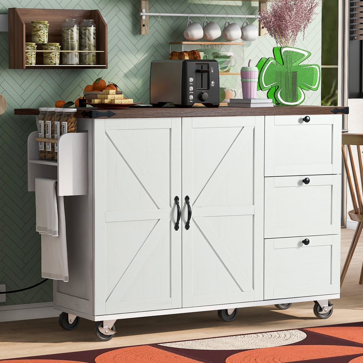 K&K 54.5" Farmhouse Kitchen Island with Power Outlet, Kitchen Storage Islandwith Internal Storage Rack, Drop Leaf, Spice Rack, Rolling Kitchen Cart on Wheels, for Home, Kitchen and Dining Room,White N707P170349W-djyc