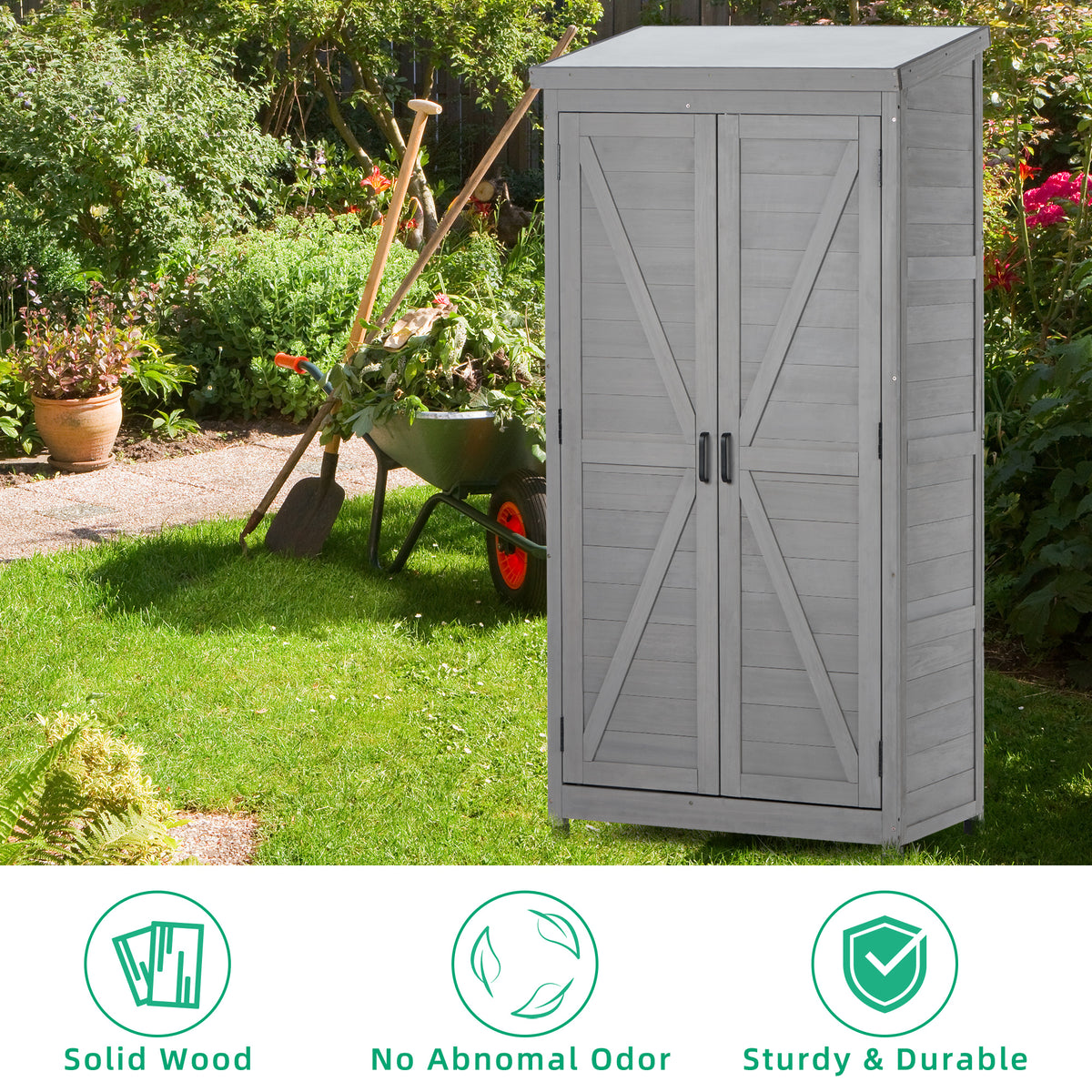 Outdoor Storage Cabinet and Metal Top,Garden Storage Shed,Outdoor 68 Inches Wood Tall Shed for Yard and Patio W1390121823-djyc