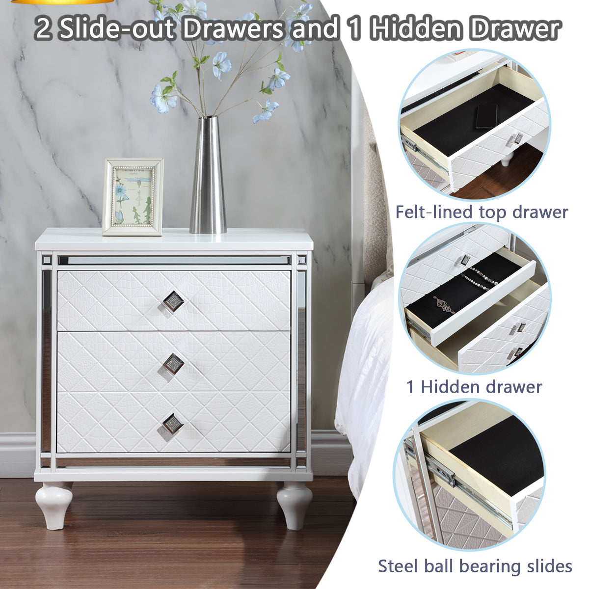 Contemporary Nightstands with mirror frame accents, Bedside Table with two drawers and one hidden drawer, End Table with Crystal Pull for Living Room,Bedroom, White W1998131730-djyc