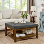 Upholstered Coffee Table Tufted Linen Large Square Ottoman with Beech Wood Shelf and Frame, Oversized Footrest Ottoman for Living Room, Dark Gray W2353P183798-djyc