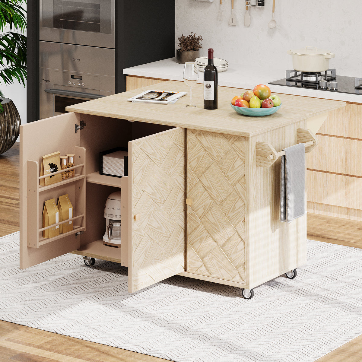 K&K 51.2"W Ash Veneer (Not Cheap Paper) Solid Wood Handwoven Kitchen Island with Drop Leaf, Coastal Kitchen Island on Wheels with Internal Storage Rack, Rolling Kitchen Cart, Nature Wood N707P207916Y-djyc