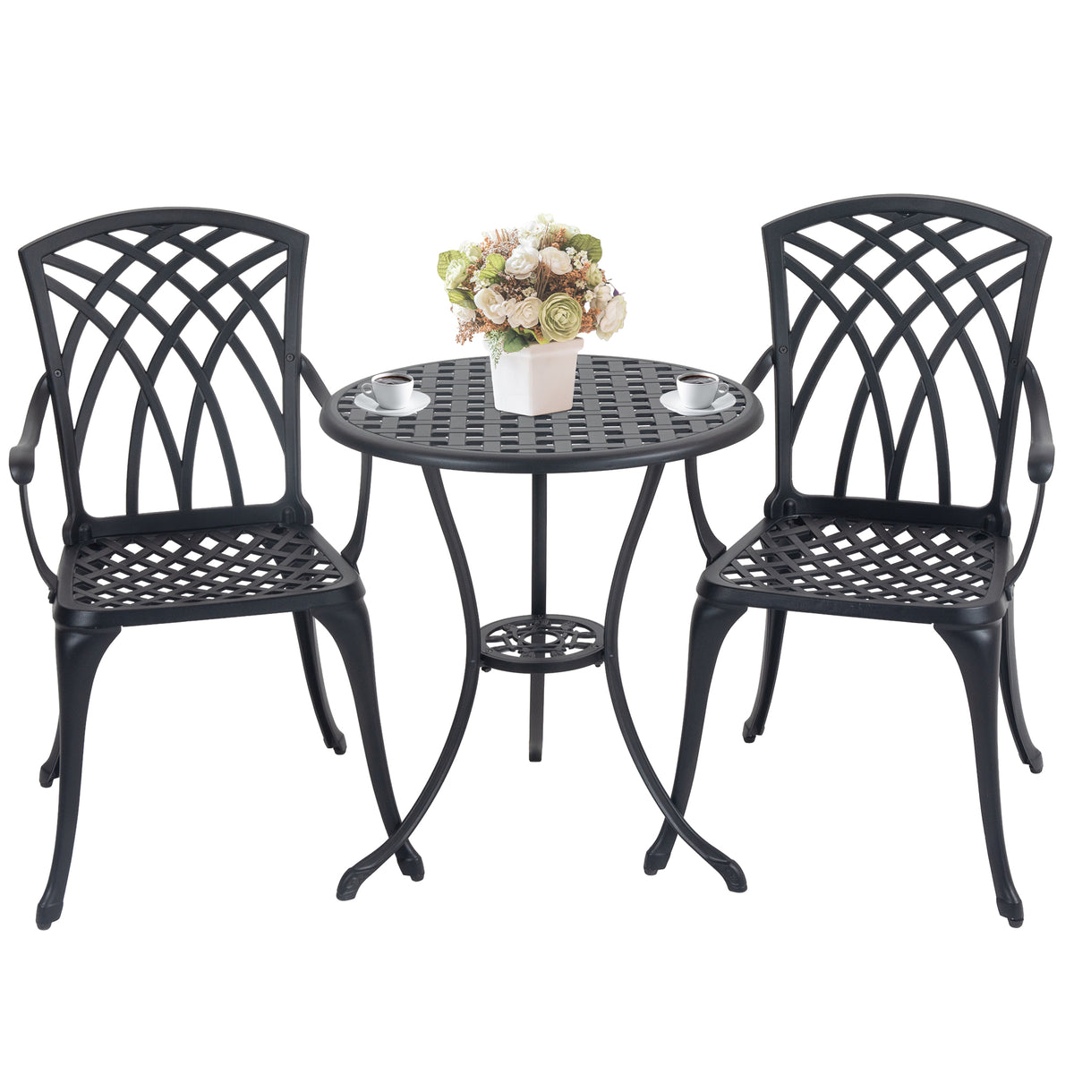 3 Piece Bistro Table Set Cast Aluminum Outdoor Patio Furniture with Umbrella HolePatio Balcony, Black W2505P151717-djyc