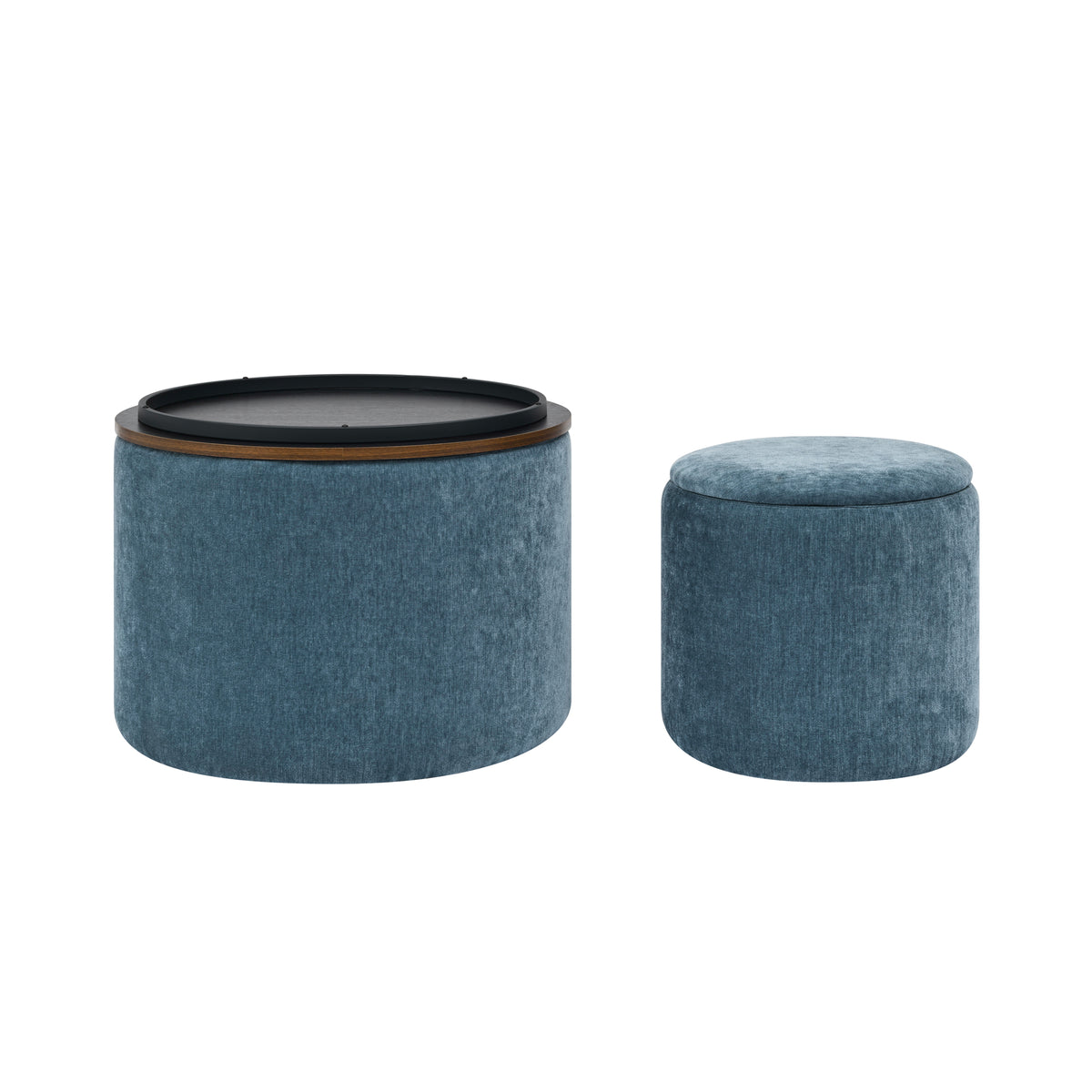 2-Piece Set Round Chenille Storage Ottoman, Equipped with a Drum Shaped Small Stool, Storage Space, and MDF Made Desktop Panel (Dark Blue23.62"x23.62"x16.53") W487P179600-djyc