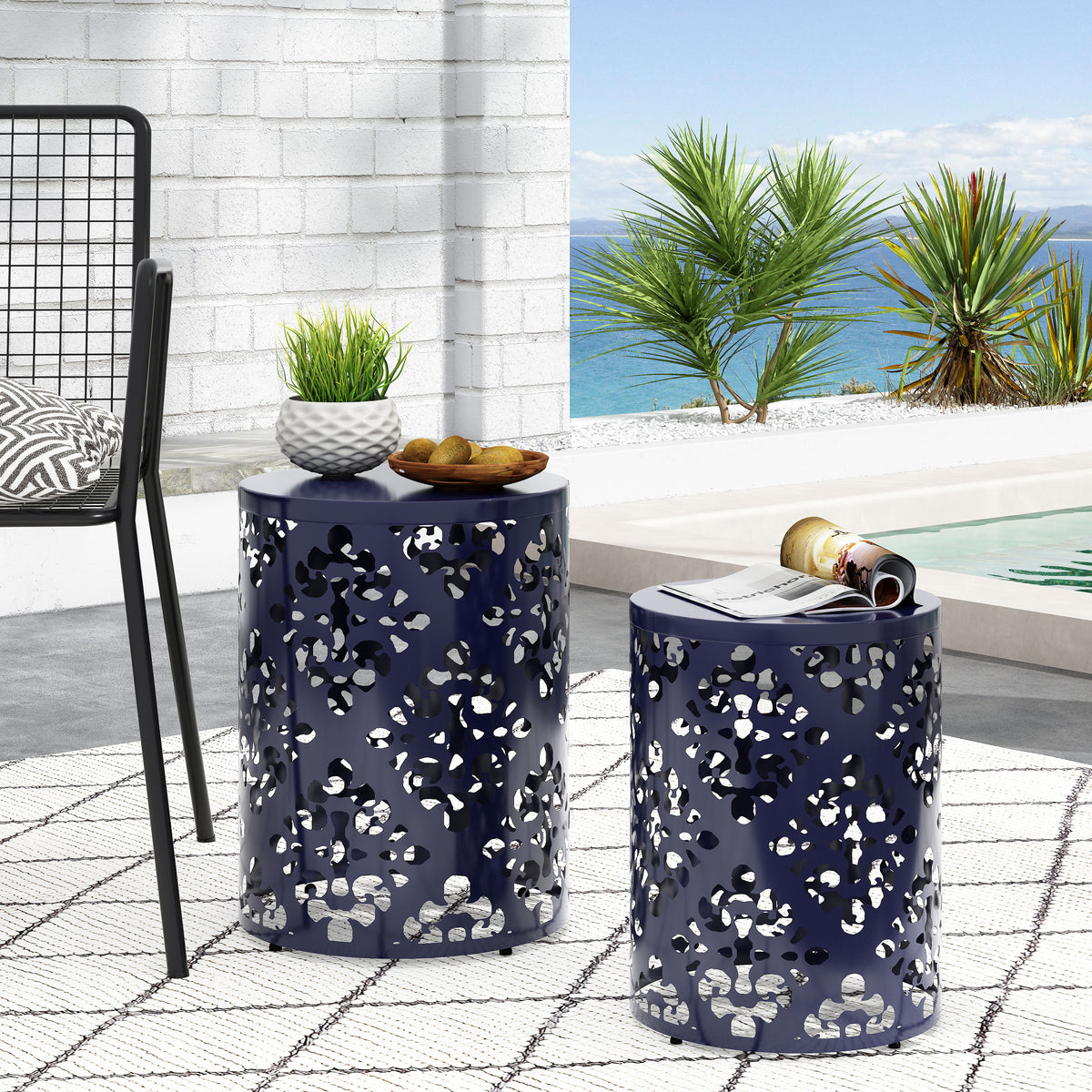 Set of 2 Modern Iron Cut Accent Tables with Floral Design – Minimalist Cylindrical Structure, No Assembly Required 73604.00NBLU-djyc