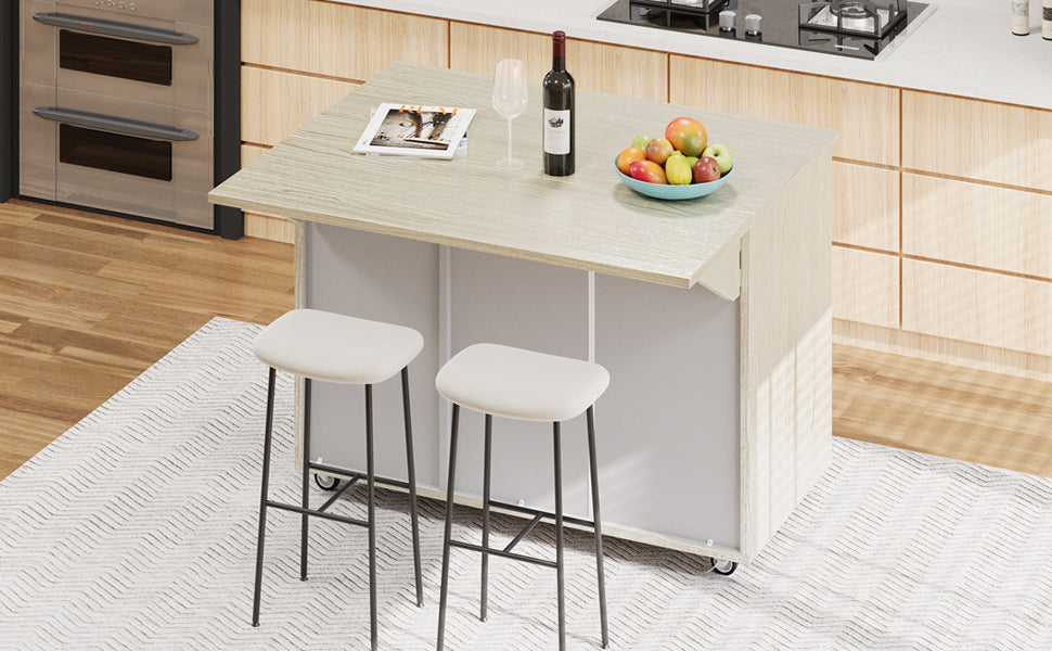 K&K 51.2"W Ash Veneer (Not Cheap Paper) Solid Wood Handwoven Kitchen Island with Drop Leaf, Coastal Kitchen Island on Wheels with Internal Storage Rack, Rolling Kitchen Cart, Champagne N707P207916X-djyc