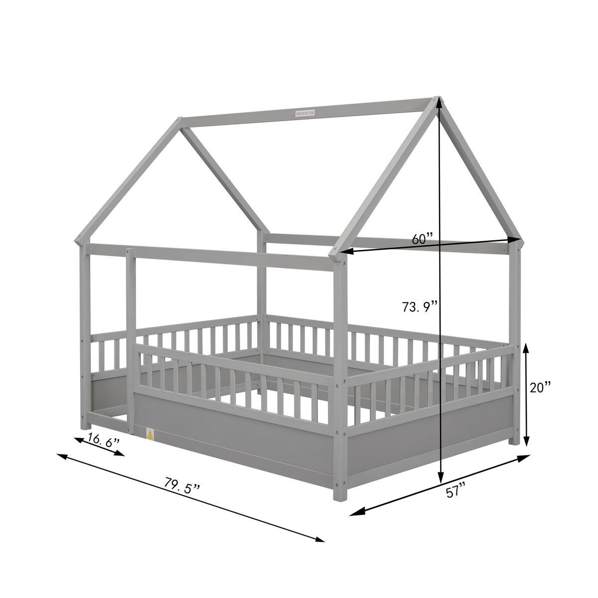 Full Size Floor Wooden Bed with House Roof Frame, Fence Guardrails,Grey W1858123988-djyc