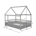 Full Size Floor Wooden Bed with House Roof Frame, Fence Guardrails,Grey W1858123988-djyc