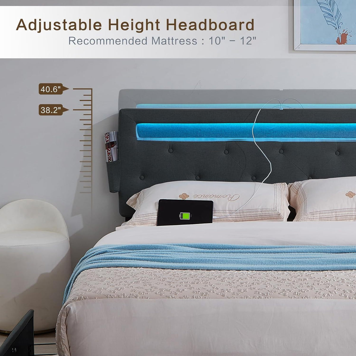 Queen Bed Frame with USB Charging Station & LED Lights, Queen Bed Frame with Headboard & 4 Storage Drawers, D W1960P175566-djyc