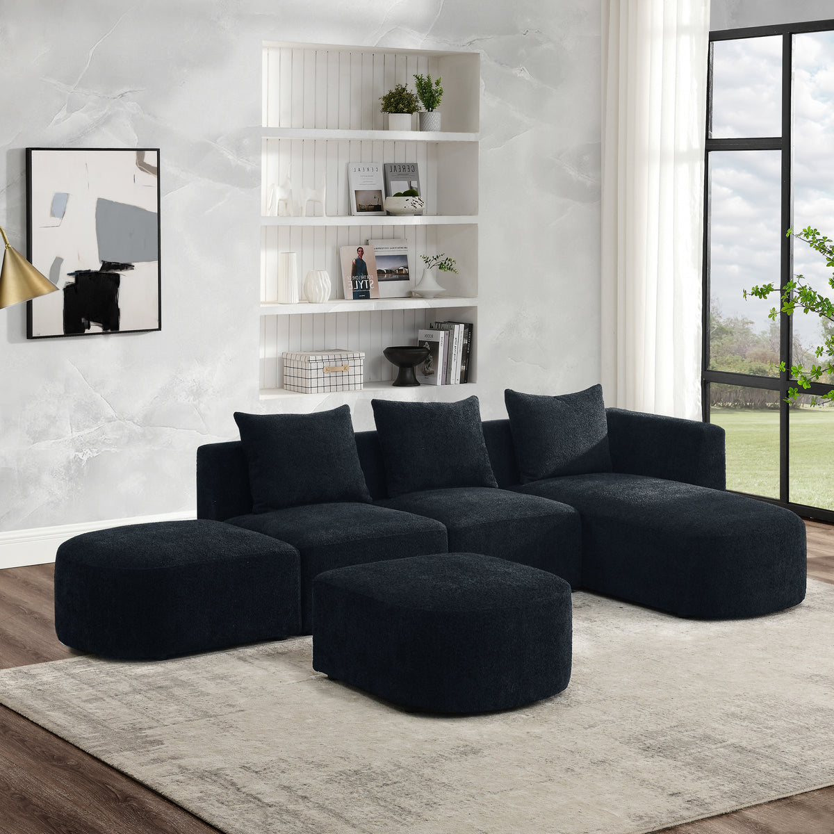 L Shape Sectional Sofa with Right Side Chaise and Ottoman, Modular Sofa, DIY Combination, Loop Yarn Fabric, Black W487S00157-djyc