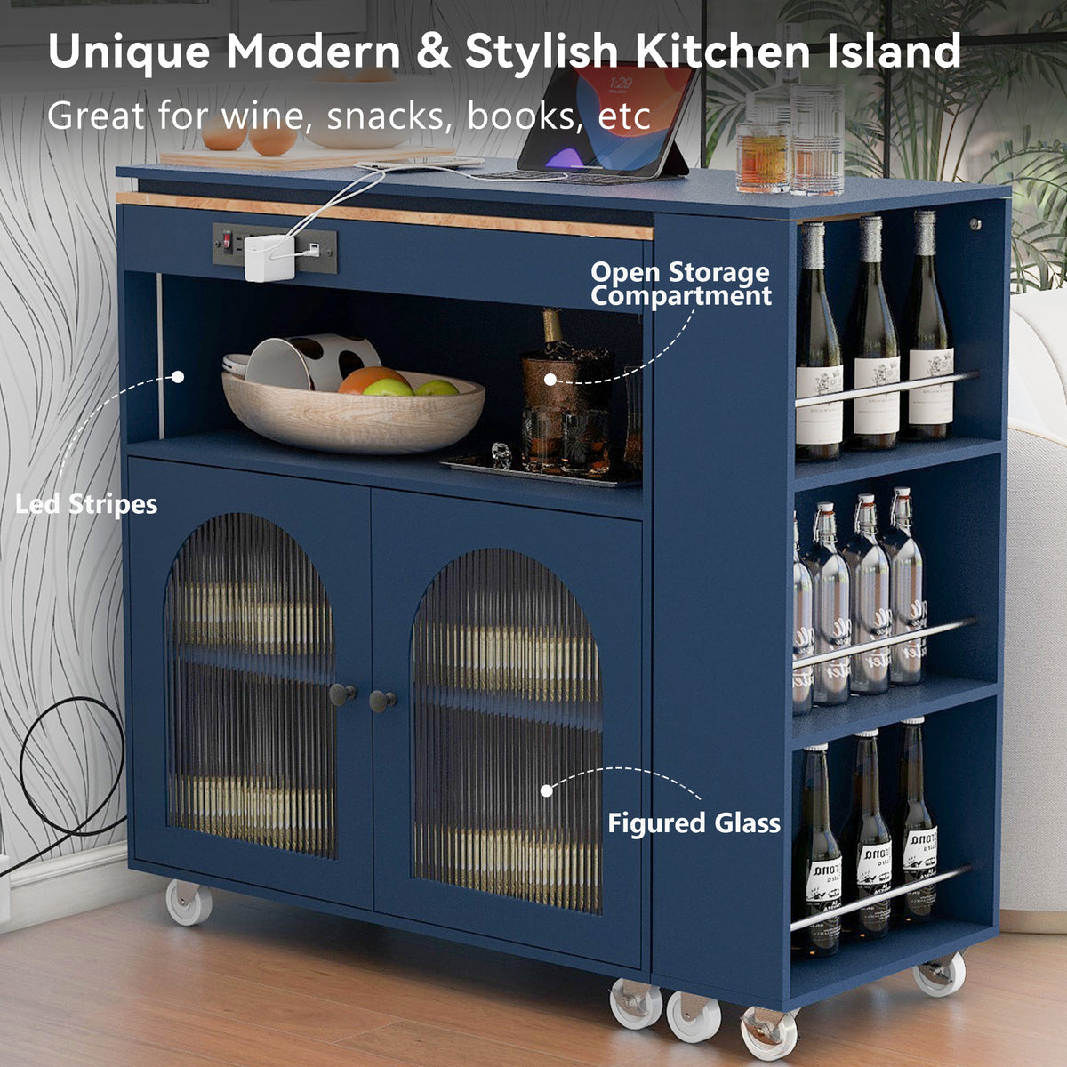 K&K Rolling Kitchen Island With Extended Table, Kitchen Island on Wheels with LED Lights,Power Outlets and 2 Fluted Glass Doors, Kitchen Island with a Storage Compartment and Side 3 Open Shelves, Navy WF316018AAN-djyc