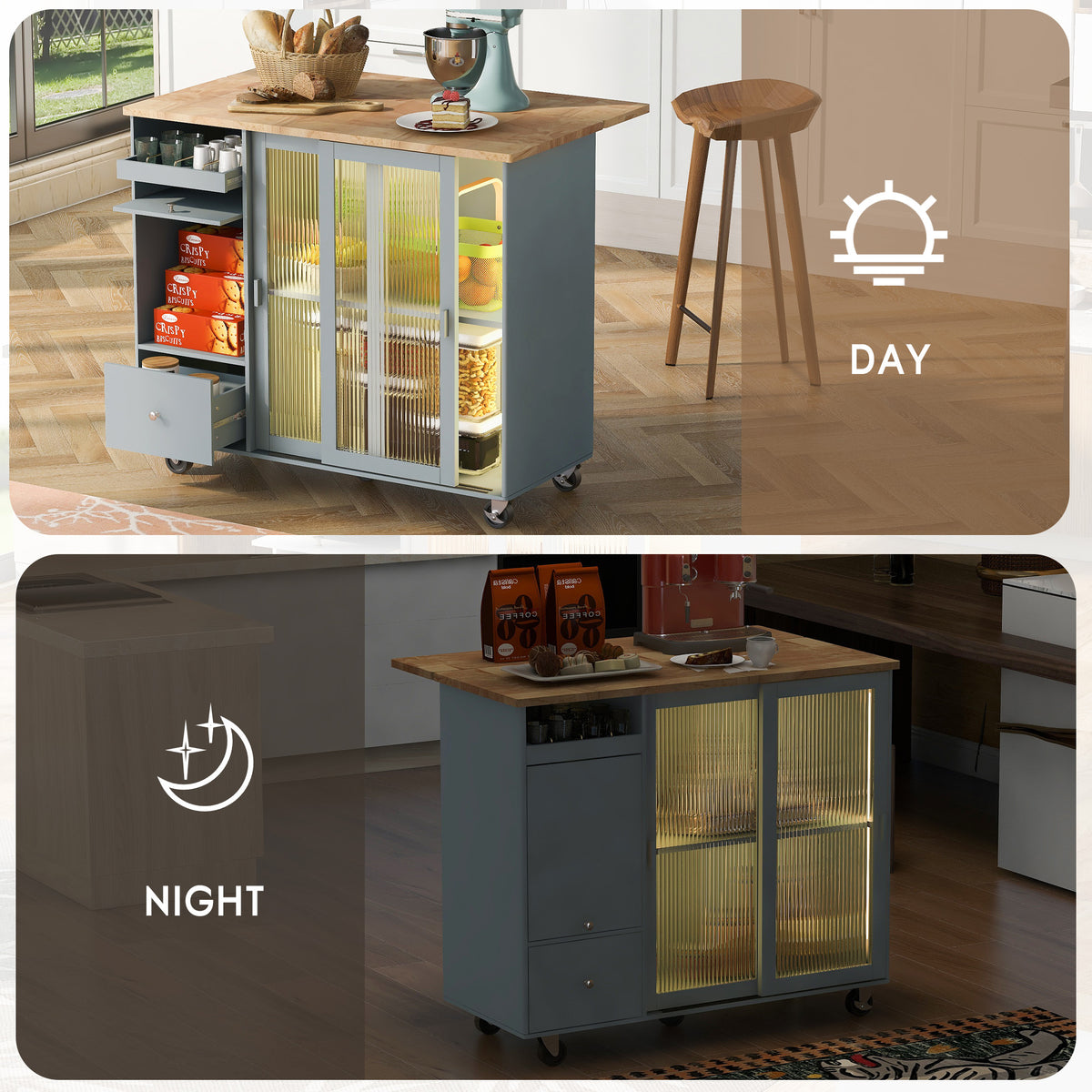 Kitchen Island with Drop Leaf, LED Light Kitchen Cart on Wheels with 2 Fluted Glass Doors and 1 Flip Cabinet Door, Large Kitchen Island Cart with an Adjustable Shelf and 2 Drawers (Grey Blue) WF311171AAG-djyc