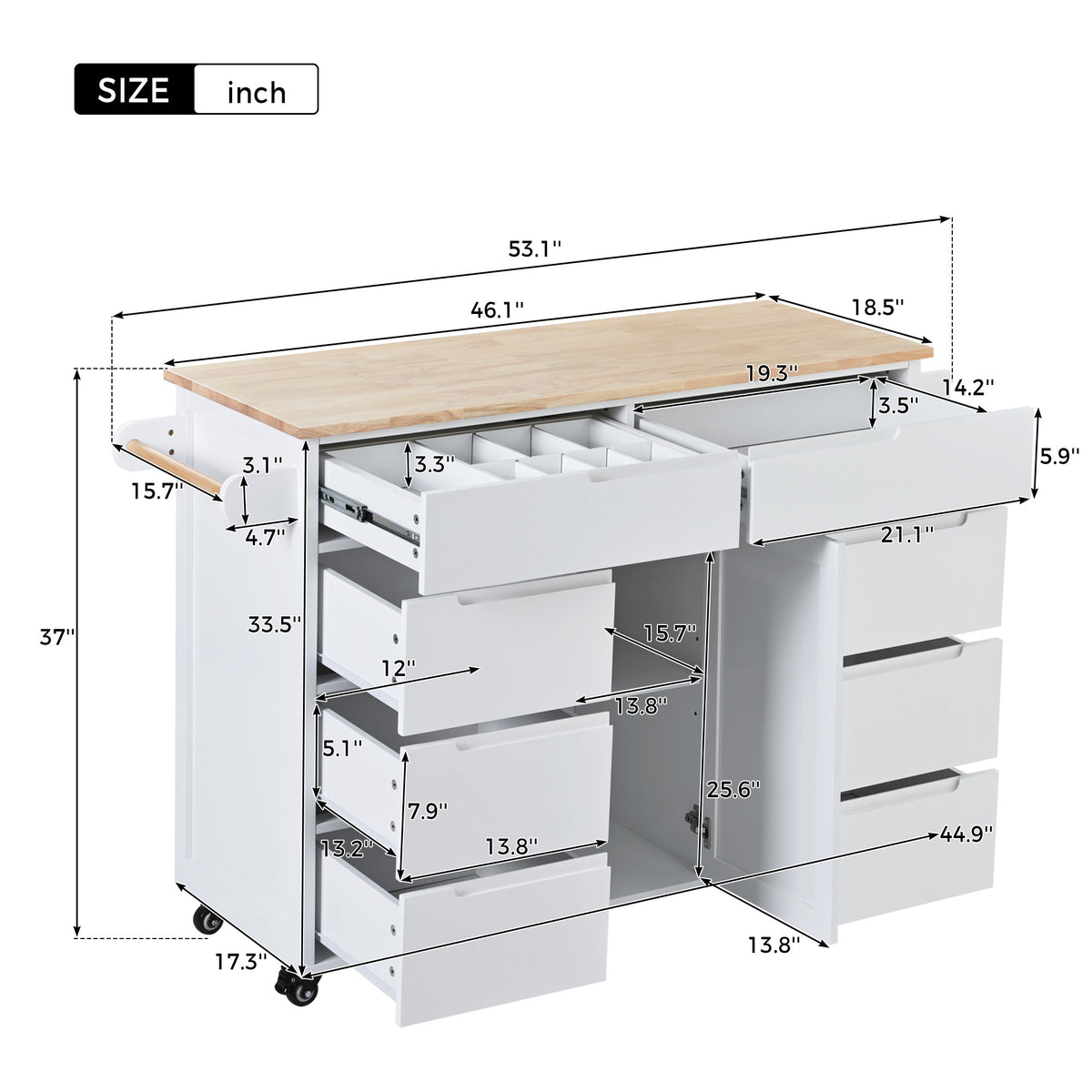 K&K Store Kitchen Cart with Rubber Wood Countertop , Kitchen Island has 8 Handle-Free Drawers Including a Flatware Organizer and 5 Wheels for Kitchen Dinning Room, White SK000002AAW-djyc