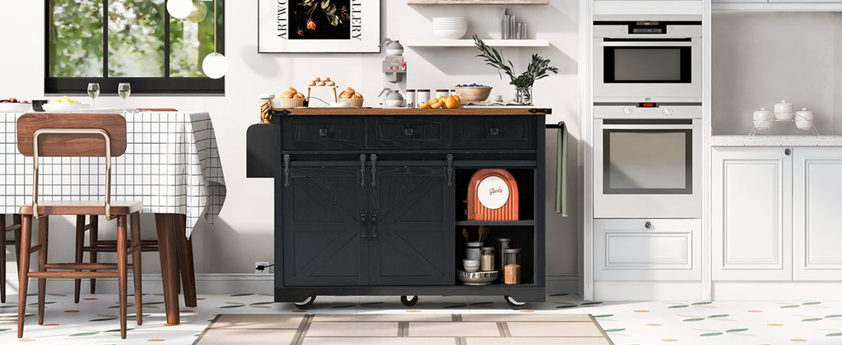 K&K 53.7" Farmhouse Kitchen Island with Power Outlet, 2 Sliding Barn Door Kitchen Storage Island with Drop Leaf, Spice Rack Rolling Kitchen Cart on Wheels, for Home, Kitchen and Dining Room, Black N707P170347B-djyc