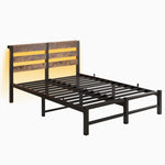Full SizeMetal Bed Frame with Wooden Headboard, RGB Lights,Charger, Storage Shelf, Noise-Free, No Box Spring Needed,Rustic Brown W840P209896-djyc