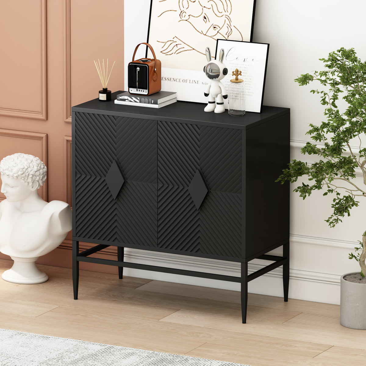 31.50" Modern 2 Door Wooden Storage Cabinet Accent Cabinet with Metal Leg Featuring Two-tier Storage, for Living Room, Entryway and Dining Room, Painted in Black W1435P206312-djyc