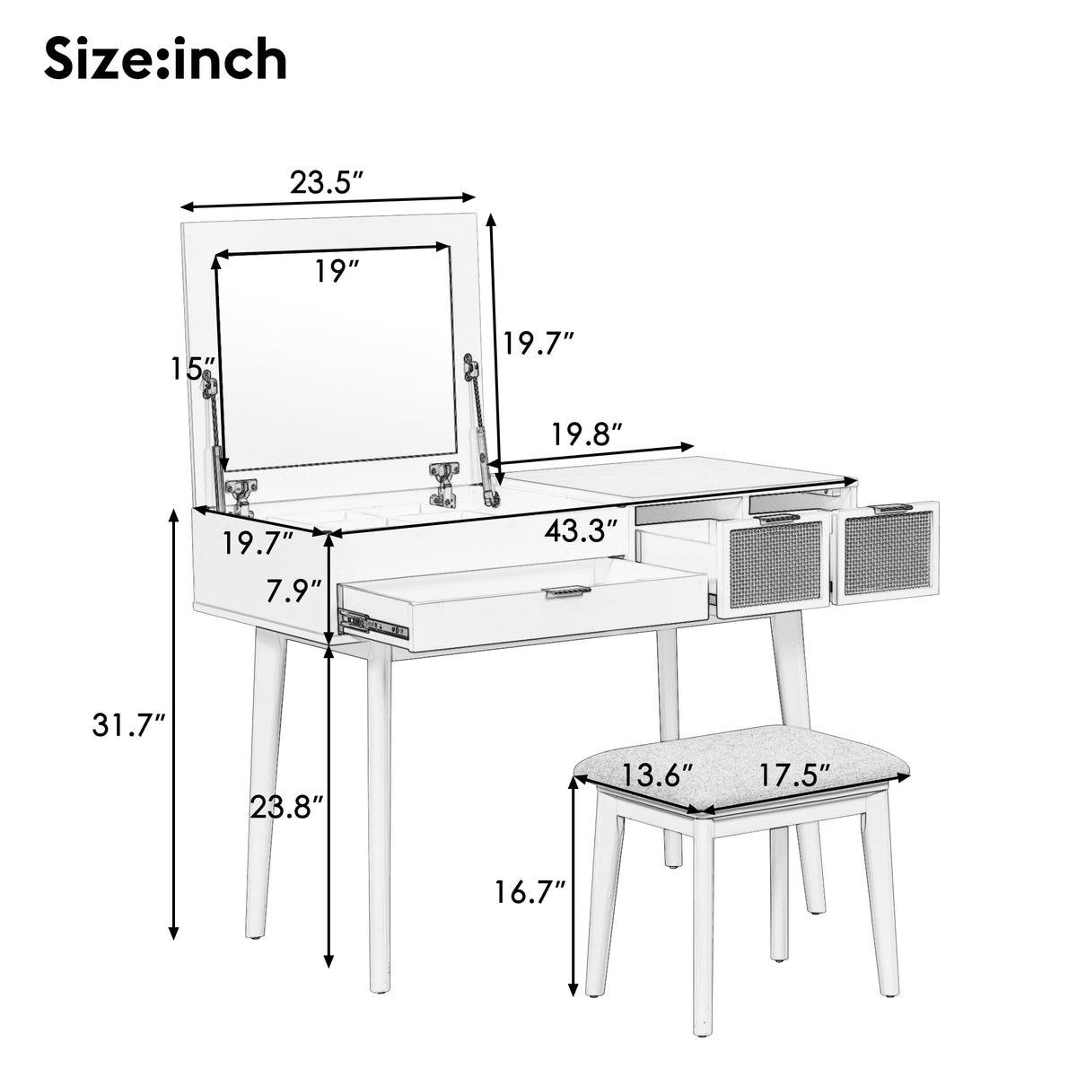 43.3" Classic Wood Makeup Vanity Set with Flip-top Mirror and Stool, Dressing Table with Three Drawers and storage space, Brown N704P165645-djyc