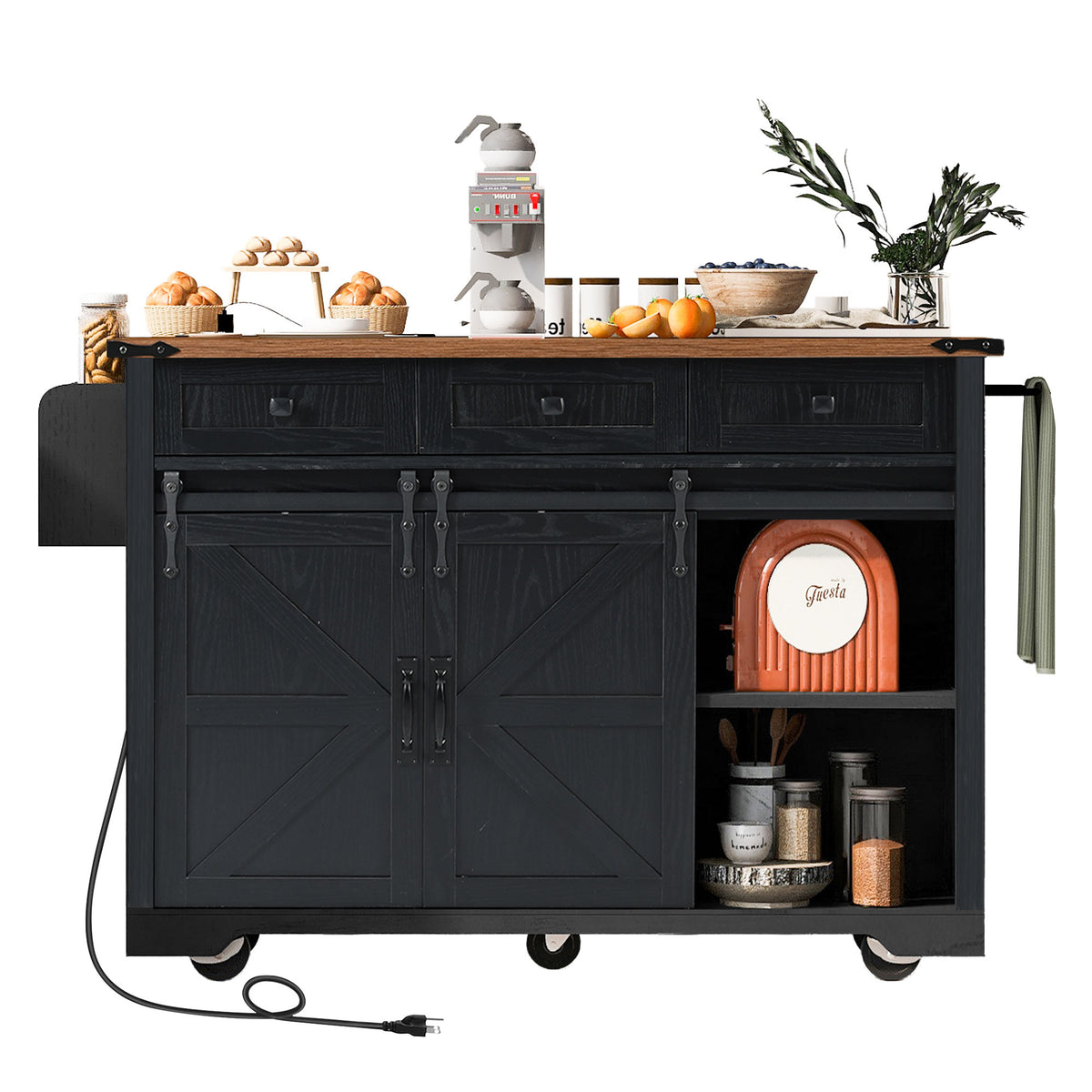 K&K 53.7" Farmhouse Kitchen Island with Power Outlet, 2 Sliding Barn Door Kitchen Storage Island with Drop Leaf, Spice Rack Rolling Kitchen Cart on Wheels, for Home, Kitchen and Dining Room, Black N707P170347B-djyc