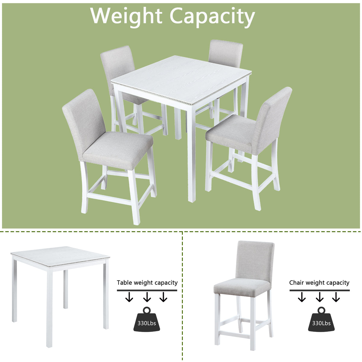 5 Piece Counter Height Table Set, Wooden Kitchen Table Set with Square Table and 4 Upholstered Chairs, Counter Height Dining Table with Crystal Decoration and Chair Set for Kitchen, Dining Room,White W1998S00040-djyc