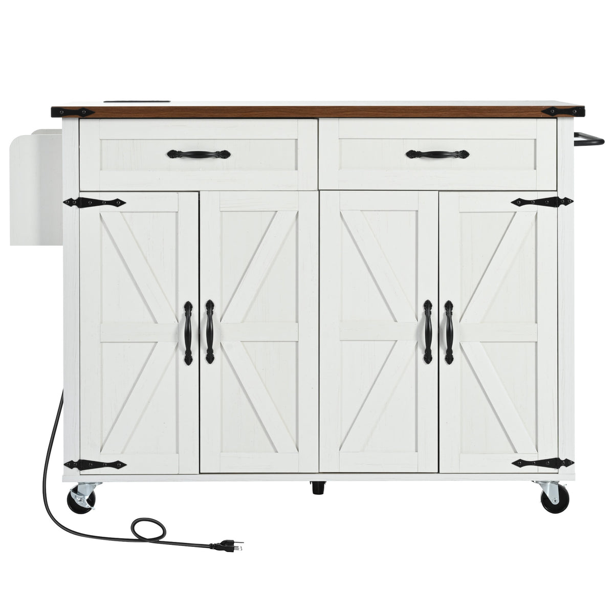 K&K 53.5''Farmhouse Kitchen Island with Power Outlet, Kitchen Storage Island with Drop Leaf, Spice Rack and Drawer, Rolling Kitchen Cart on Wheels, for Home, Kitchen and Dining Room, White N707P170348W-djyc