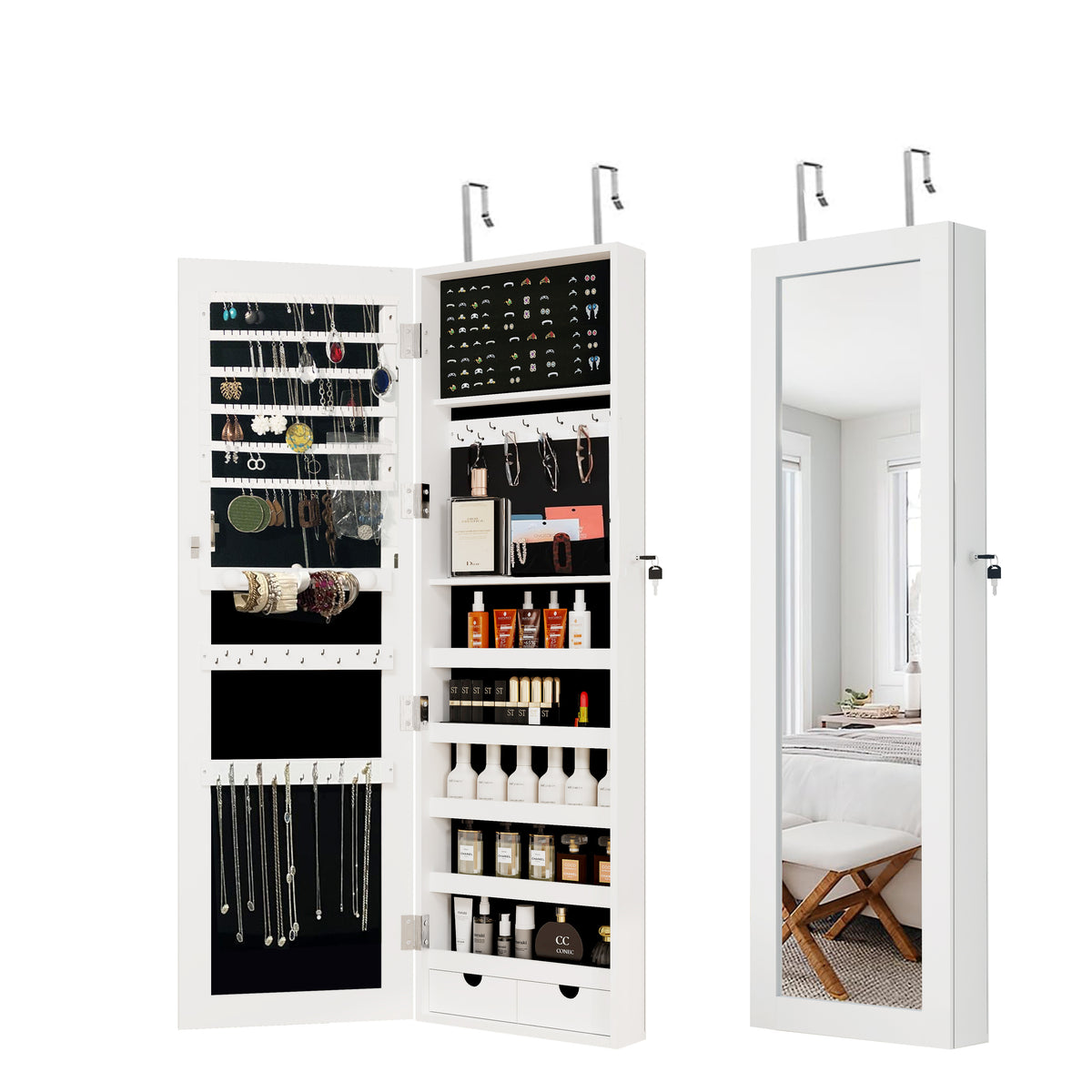 Mirror Jewelry Cabinet, 47.2 Inch Large Capacity Lockable Jewelry Armoire Organizer, Wall or Door Mounted Mirror with Jewelry Storage-White W282P156780-djyc