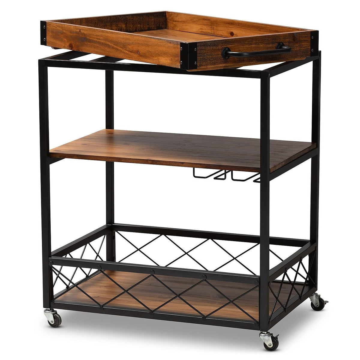 32.6'' Tall Industrial Style Rolling Kitchen Island Wine Cart with Black Finished, Fir Wood Mobile Metal Wine Bar Cart with Glass Rack, Oak Brown W2557P180163-djyc