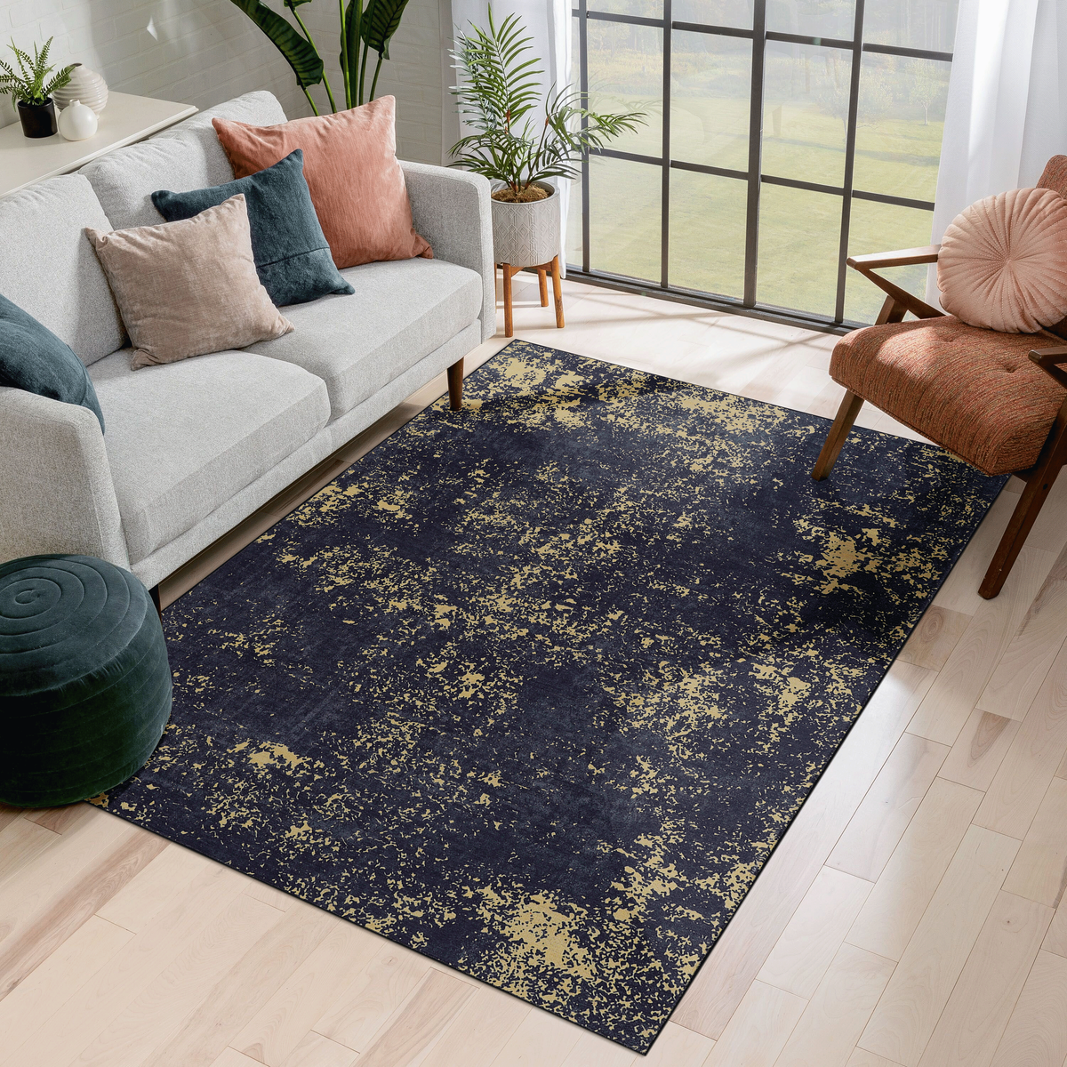MAVAL Black Washable Rug 4x6 Area Rug (Black+Gold, 4' x 6')-B189P188982