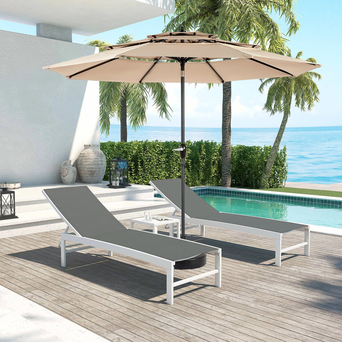 Aluminium 10ft 3 Tier Auto-tilt Umbrella ,Outdoor Patio Umbrella - Market Table Pool Deck Umbrella (Base Not Included)- ( khaki ) W640P234555-djyc