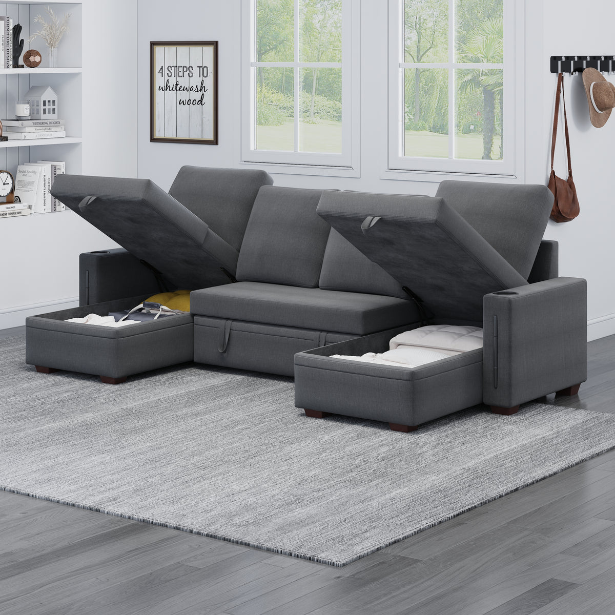 Sectional Sofa with Storage, 96" U Shaped Sectional Couches for Living Room, Comfy Convertible Sectional Sofa- Dark Grey W1669S00008-djyc