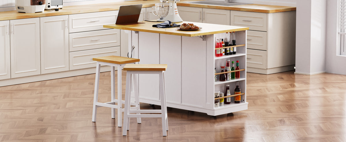 K&K 53inch Large Kitchen Island with 2 Bar Stools, Power Outlet,Door Internal Storage Rack, Kitchen Storage Cart on 5 Wheels with Drop Leaf, 5 Open Side Racks, 3 Drawers, for Kitchen,Dining Room,White N707S000007W-djyc