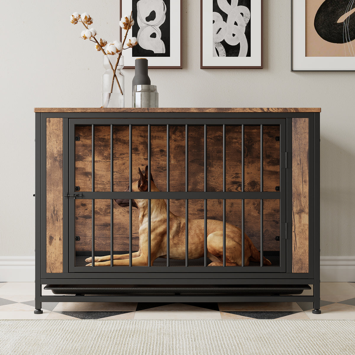 Dog Crate Furniture,Wooden Dog Crate Table, 38.9" Dog Kennel with 2 Sliding Doors and Thick Iron Door Frame, Decorative Pet Crate House for Large/Medium/Small Dog Indoor Use(Rustic Brown) W840P203068-djyc