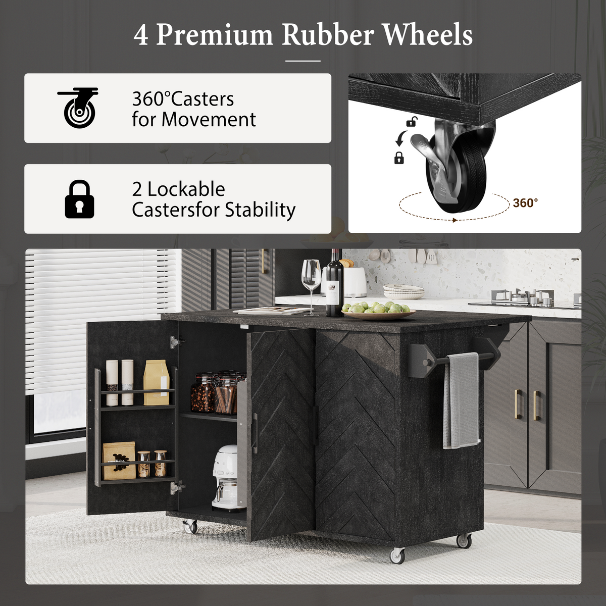 K&K 51.2"W 3D Wave Stripes Ash Veneer (Not Cheap Paper) Kitchen Island with Drop Leaf, Farmhouse Kitchen Island on Wheels with Internal Storage Rack, Rolling Kitchen Cart(Black) N707P207915B-djyc