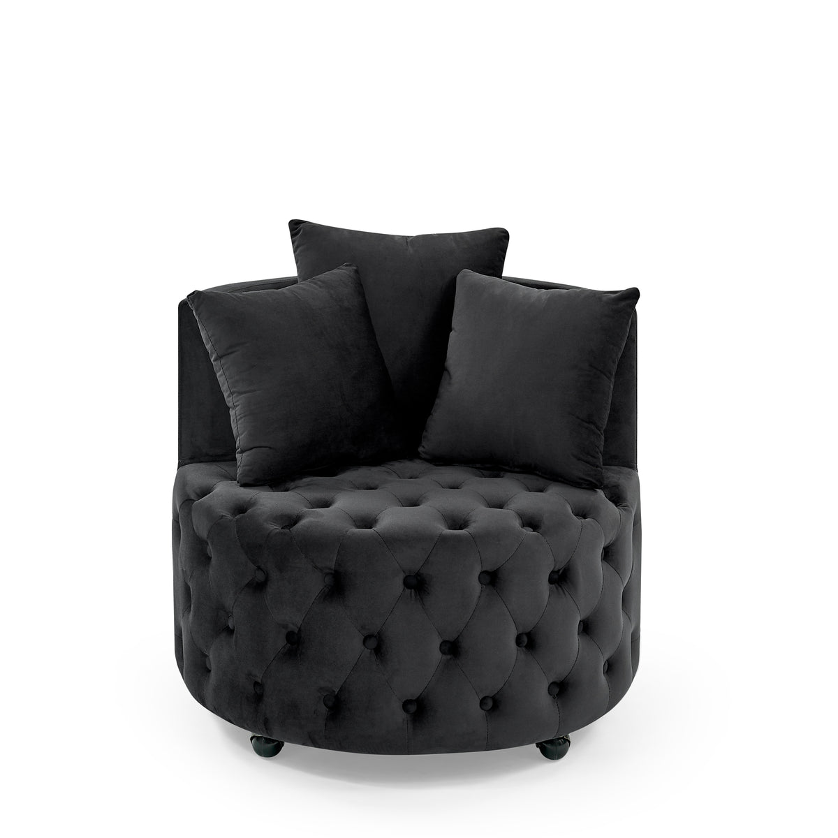 Velvet Upholstered Swivel Chair for Living Room, with Button Tufted Design and Movable Wheels, Including 3 Pillows, Black W48790917-djyc