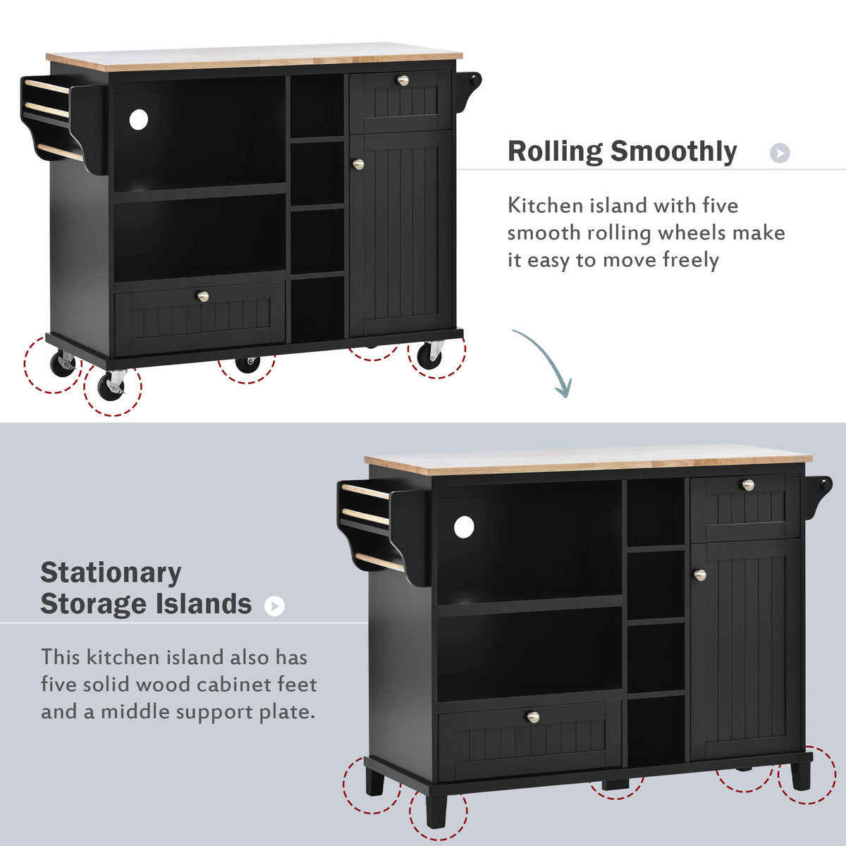 Kitchen Island Cart with Storage Cabinet and Two Locking Wheels,Solid wood desktop,Microwave cabinet,Floor Standing Buffet Server Sideboard for Kitchen Room,Dining Room,, Bathroom(Black) WF296670AAB-djyc